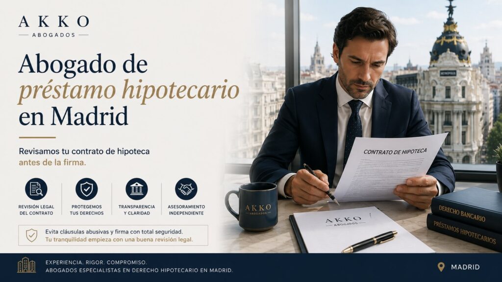 Abogado de préstamo hipotecario en Madrid revisando el contrato de hipoteca antes de la firma